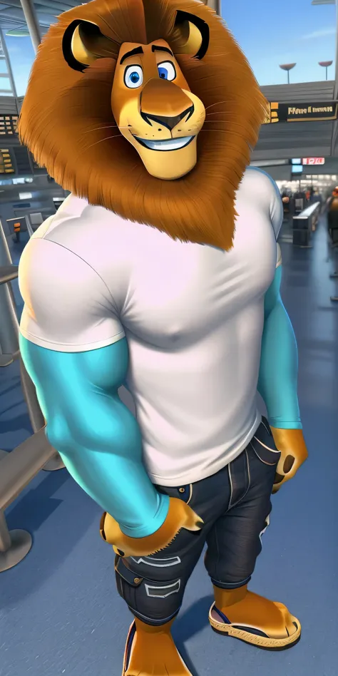 Alex the Lion, muscular body, big biceps, extremely beautiful and cute face, perfectly detailed blue eyes with perfectly detailed pupils, wears white t-shirt with cyan varsity jacket, black denim cargo shorts, sandals, airport background, selfie, gentle lo...