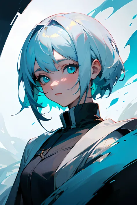 ((best quality)), ((masterpiece)), (detailed), 1girl, female, short hair, chin lenght hair, white hair, cyan eyes, dark clothes