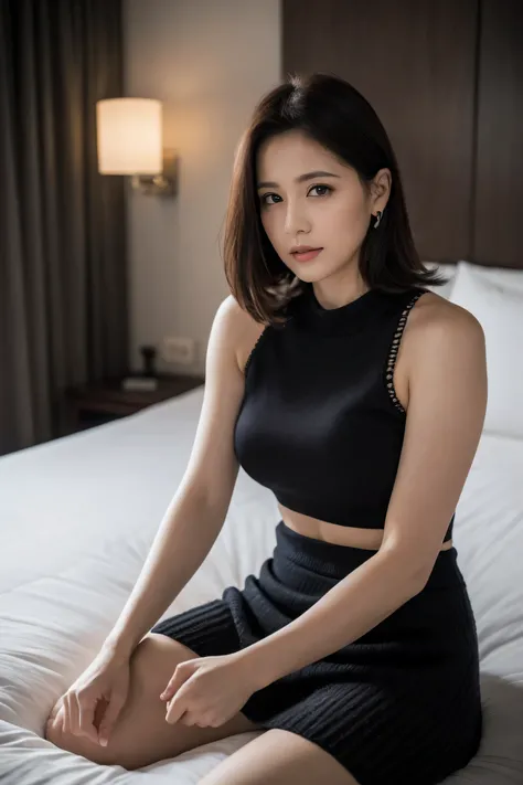 Highest quality, masterpiece, High resolution, Photorealistic, RAW Photos, 8k wallpaper, perfection, Professional Lighting, Very detailed, Written boundary depth, ((One beautiful woman)), ((Sexy 40 year old women)), (In a hotel room), ((Sleeveless knitwear...