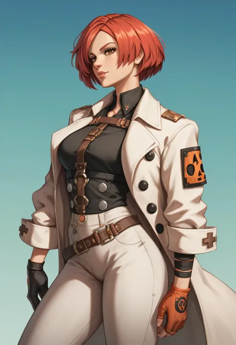 guilty gear strive style,Female Combat Alchemist Age: 25 Appearance: medieval clothes,heroic fantasy,Average height, short-cropped fiery red hair, brown eyes, freckles, light burns on her hands Attire: Reinforced leather coat with many pockets, acid-resist...