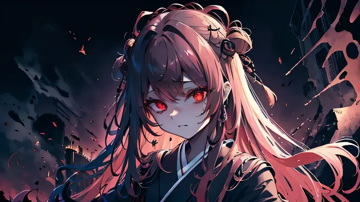 Her hair is long and pink、Shining suspicious eyes、ruins、whole body、monochrome、in the darkness、whole body、With dark red light and red eyes, Very detailed,(Highest quality),((masterpiece)),(high resolution),The original,Very detailed8K wallpaper,(Very delica...