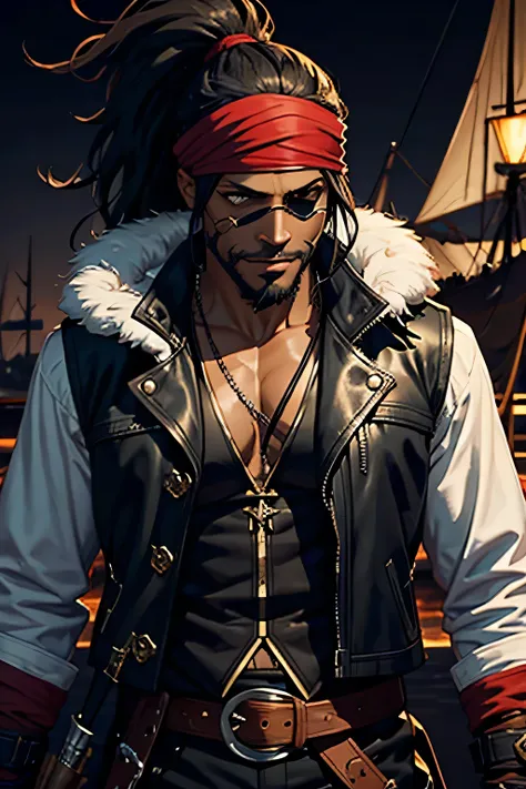 Black skin male, dark brown skin, eyepatch pirate, eyepatch, holding rapier sword, rapier, scarred face, cocky, wild smile, sharp teeth, stubble beard, black dreads, ponytail, headband bandana, sleeveless leather coat, fur collar, red vest, harbor backgrou...