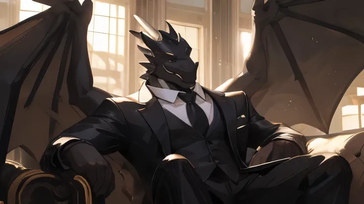 ((black dragon)), good looking, male, anthro, black scales, white jaw, mafia suit with tie, black-white suit, black tie, (tight suit : 1.5), (white belly), leather wings, big wings, mascular wings, Black wings with white membranes, (Wings : 1.5), sitting o...