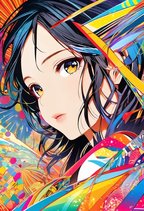 {worst quality, low-quality}, Anime artwork depicting a girls face within a vivid and abstract collage of colors and patterns. The composition includes a variety of shapes, lines, and textures, all in bright and contrasting colors, creating a surreal and e...