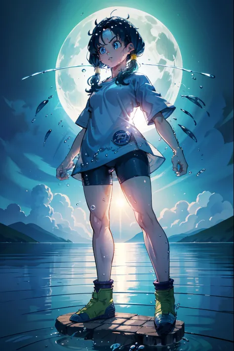 Videl,Saw 2,Low twin tails,White T-shirt,badge, bicycle_Shorts,Green shoes,Cool look,((Fantastic water world:1.4)),Ultra-high quality,Highest quality,4K quality,Energy Wave,Full body view,cool,aura,night,full moon,blue eyes,Standing with your legs apart,Ha...