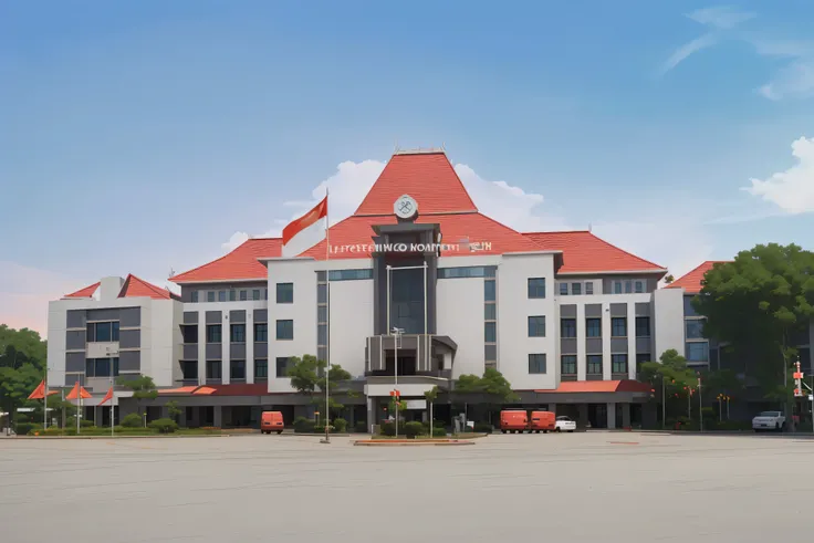 there is a large building with a red roof and a red roof, jakarta, south jakarta, Beautiful sky and clouds. kyoht luterman, laputa, hotel, full building, arsitektur nusantara, center, exterior view, full - view, hospital, official courthouse, town hall, of...