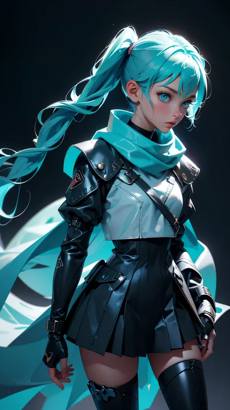 envision a 8k, highres, cinematic, beautiful full body splash design art of a woman with Aqua blue hair in pigtails, Blue eyes, Military Dress, Tactical Skirt, Blue Cape, magic wand, in dark lighting, against a dark gray background