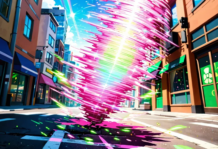 (masterpiece), (best quality), (hires), A small pink tornado is cleaning a green radioactive smile in a city street, daytime, diffraction spikes, light particles, perspective, dutch angle.