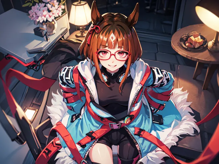 solo、Alone、１Alone。masterpiece, uhd, best quality, highres, 8k、(noline:1.5)、(flat2-dim1:1.5)、shoot from above、upper body shot。 with horse ears、beautiful girl、Wearing red glasses。Pink Lipstick、Smile。hair ornaments、necklace。turtleneck、Light blue dress、sweater...