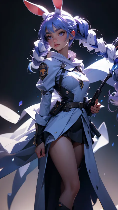 envision a 8k, highres, cinematic, beautiful full body splash art of a woman with lavender blue hair in pigtails, Blue eyes, Military Dress, Bunny ears, Tactical Skirt, fluffy white Cape, explosive accessories, carrot hair ornaments, magic wand, in dark li...