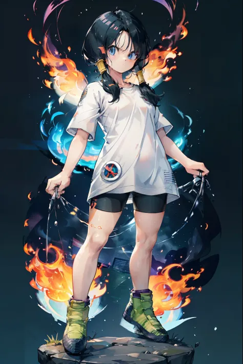 Videl,Saw 2,Low twin tails,White T-shirt,badge, bicycle_Shorts,Green shoes,Cool look,((A fantastic world of fire:1.4)),Ultra-high quality,Highest quality,4K quality,Energy Wave,Full body view,cool,aura,night,full moon,blue eyes,Standing with your legs apar...