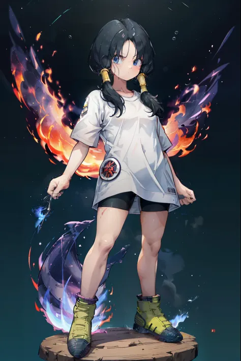 Videl,Saw 2,Low twin tails,White T-shirt,badge, bicycle_Shorts,Green shoes,Cool look,((A fantastic world of fire:1.4)),Ultra-high quality,Highest quality,4K quality,Energy Wave,Full body view,cool,aura,night,full moon,blue eyes,Standing with your legs apar...