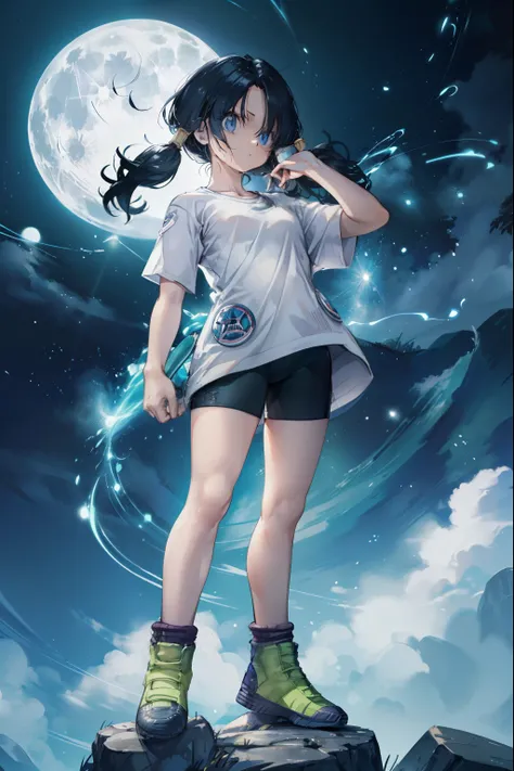 He saw,Saw 2,Low Twintails,White T-shirt,badge, bicycle_Shorts,Green shoes,Cool look,((A fantastic dream world:1.4)),super high quality,Highest quality,4k quality,Energy Wave,Full body image,nice,aura,night,full moon,blue eyes,Stand with your feet apart,Pu...