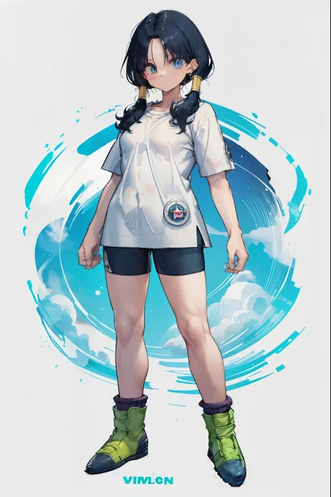 He saw,Saw 2,Low Twintails,White T-shirt,badge, bicycle_Shorts,Green shoes,Cool look,((A fantastic dream world:1.4)),super high quality,Highest quality,4k quality,Energy Wave,Full body image,nice,aura,night,full moon,blue eyes,Stand with your feet apart,Pu...