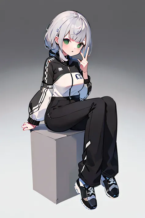 gray track jacket, lagran sleeves, black long pants, full body, high quality, sitting, White background,