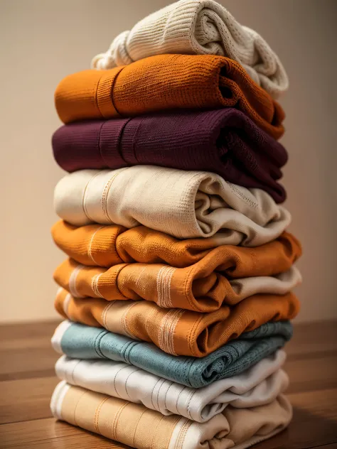 Folded, pile of sweaters, stacked on top, orange, cream, white