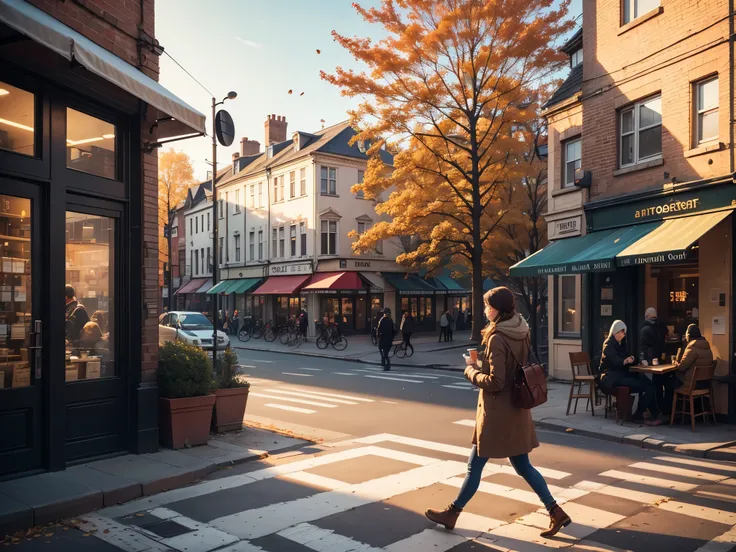 Autumn, street, coffee shop, cafe, outside, glass window, turning, zebra crossing, tree without leaves, (leaves on ground), people walking 