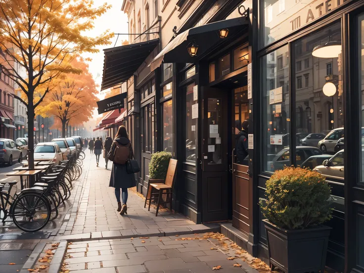 Autumn, street, coffee shop, cafe, outside, glass window, turning, zebra crossing, tree without leaves, (leaves on ground), people walking 