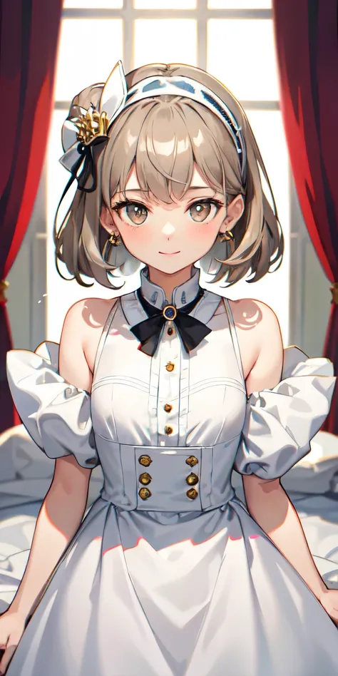 1 girl, royal secretary dress, white color with grey details, a headband, light brown eyes, short shoulder length brown hair, thesis clara, calm look and a tender smile, with a normal pose, In a castle. 