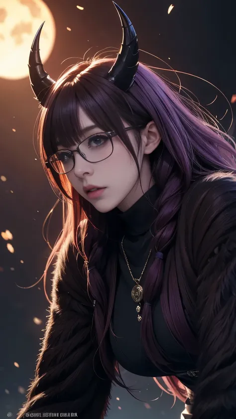 background（Black Night Sky，Big Moon），Close-up of a woman，Wearing a white shirt、Purple Hair，Very long hair，very thick braids，Purple eyes，big 、((((Glasses))))、 realistic girl rendering, 8k artistic german bokeh, Enchanting girl, Realistic girl, Gurwitz, Gurw...