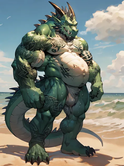 (naked:1.7), (solo:1.9) ,furry,anthro,kemono, (lizard:1.2), (reptile:1.2),(dragon:1.5),(orc:1.4),(tattoo:1.9), (teeth),(veiny muscles:1.7), (fangs:1.5), giant,(giant body), dragon horns,dragon tail, (blue and green body:2),blue eyes,digitigrade,claws,muscu...