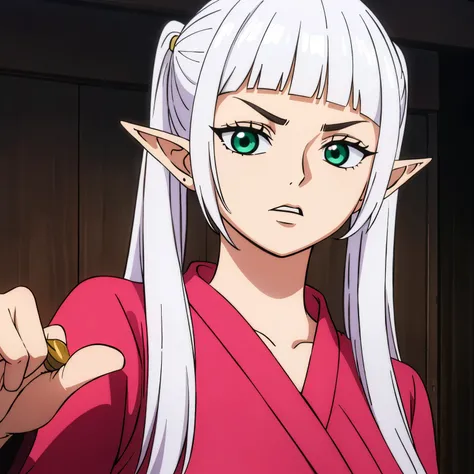 Frieren, pointy ears, twintails, green eyes, elf, long hair, white hair, thick eyebrows, parted bangs, wanostyle