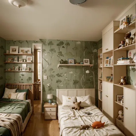 (boy's room), cute, comfy, natural lighting, bookshelf, desk, (bed), (forest animal illustration), (fish eye lens view), soft ma...