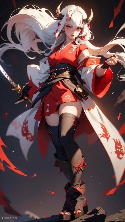 envision a 8k, highres, cinematic, beautiful Full Body Splash Art of a Lady with White hair, Multicolored hair, long bangs, red eyes, Japanese Robes, Swords on back, Oni Horns, Oni Mask, Tactical Skirt, Long Leather Boots, in dark lighting, against a dark ...