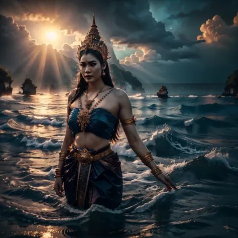A gigantic traditional Thai female titan with fangs, walking in the sea, dressed in Thai ancient traditional cloth, big intricate gold belt, half of her body up from the ocean, no headdress, limestone island, beautiful detailed eyes, beautiful detailed lip...