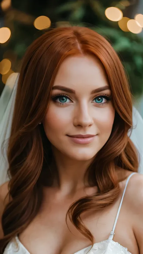 Realistic photo of the upper body of a smiling woman, beautiful red haired woman with long hair, She dances in front of the camera in a long A-line wedding dress with straps made of shiny satin., Park,glamour fotoshooting, Wedding celebration, perfect anat...