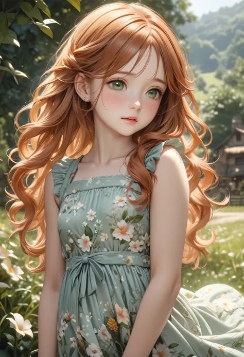NSFW A shy girl, ginger haired, long wavy hair, innocent expression, piercing green eyes,wearing bucolic floral dress, petite body, masterpiece, best quality, 1girl, dynamic, realistic, photo-realistic, 8k, highly detailed, intricated textures on the dress