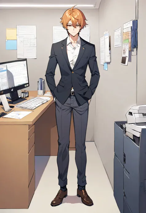 boy, stand, simple, front view, full body, office work, manhwa