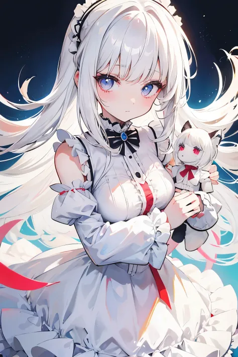 Anime girl, Straight white hair with bangs, Frilly white dress that covers entire body, blank expression, looking at you, hugging a ventriloquist puppet to her chest