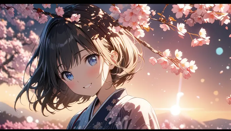 one girl, black short hair and bob hair、beautiful blue eyes、smile、gentle smile on her face、flat chest, one Beautiful girl,((masterpiece, illustration, best quality) ((ultra-detailed))Sunny day, standing under the cherry blossoms, Clothing、Japanese dress、Wh...