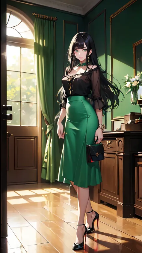 ((masterpiece, high resolution, better quality, better details)), ((Smiling)), ((one girl)) a girl standing, full body, maxi green skirt, blouse,((louboutin high heels)), green eyes , ((black hair, long hair)), shiny skin, ((behind view)), solo, full body,...