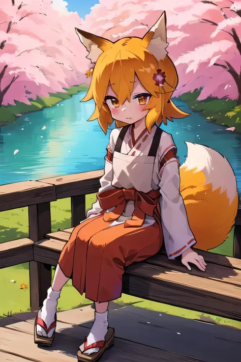 masterpiece, best quality, highly detailed, sen, animal ears, fox ears, fox girl, fox tail, hair flower, hair ornament, orange eyes, orange hair, short hair, tail, blush, looking at viewer, petite, brown shoes, girl, kimono, Japanese clothing, sleeves with...