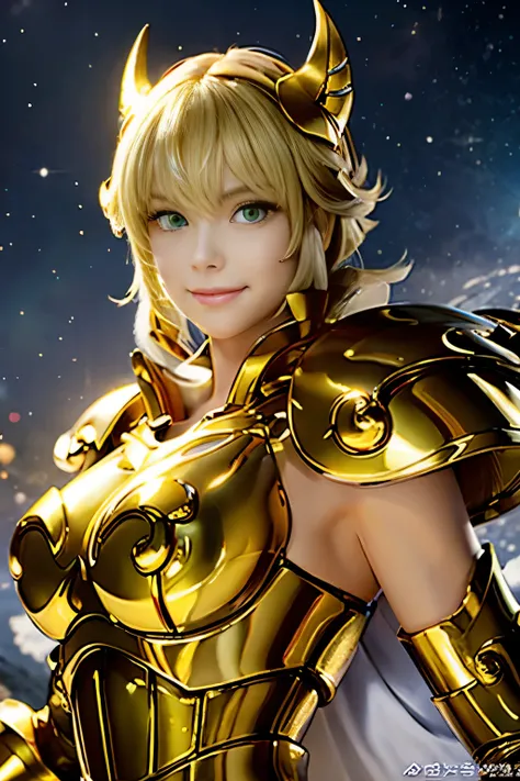 Highest quality, 8k, Super detailed, High resolution, Realistic skin texture, armor, (Realistically: 1.4), High resolution,Ultra HD、Ultra-clear、White and beautiful translucent skin、Beautiful and well-proportioned face、Cute smile、Leo Holy Warrior、全身を金色のarmo...