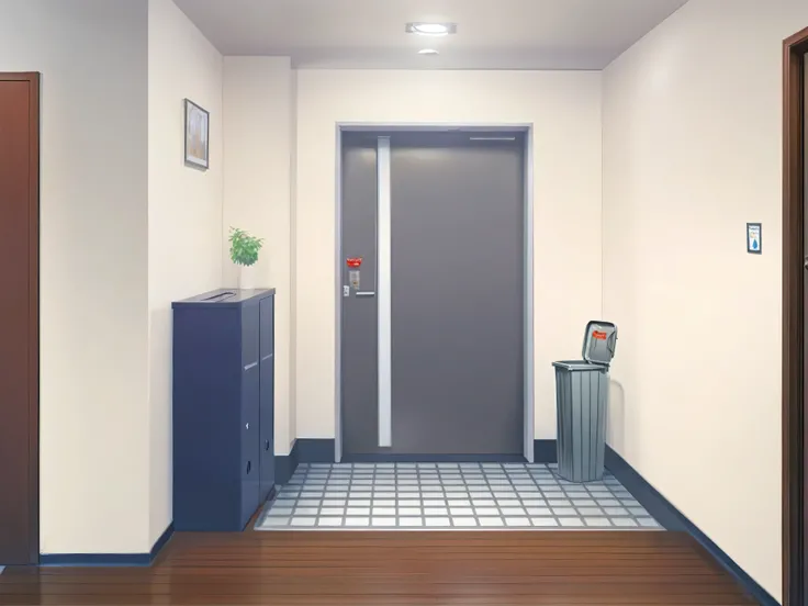 there is a door in a hallway with a trash can and a trash can, in a japanese apartment, interior background art, elevator, hallway landscape, indoor scene, small room, location in a apartment, va-11 hall-a, sterile minimalistic room, personal room backgrou...