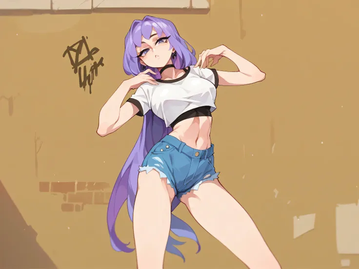 Masterpiece , Excellent quality , high resolution , 1 woman , Long Lilac Hair , horny , White crop top , Jean Shorts , abdomen , big breasts , Long legs , hands on hips ,  Graffiti wall