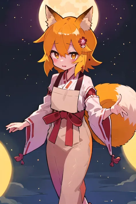 masterpiece, best quality, highly detailed, sen, animal ears, fox ears, fox girl, fox tail, hair flower, hair ornament, orange eyes, orange hair, short hair, tail, blush, looking at viewer, petite, brown shoes, girl, kimono, Japanese clothing, sleeves with...