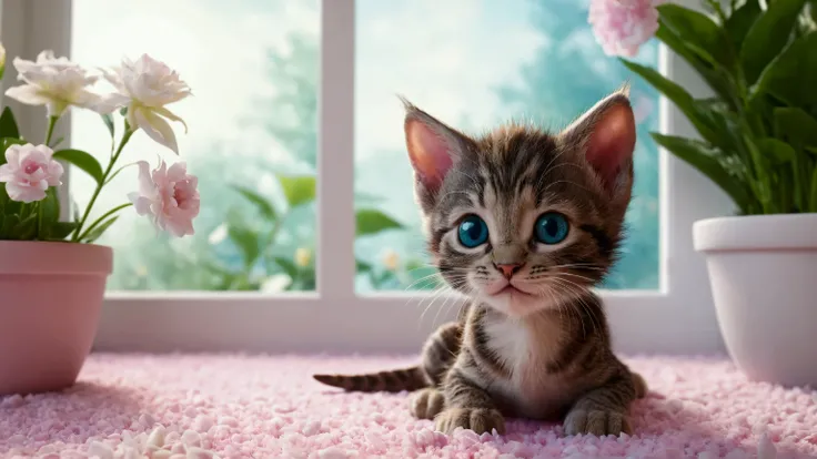 Create an ultra-high-definition, realistic photo featuring a close-up of a baby Dragon Li cat. The adorable kitten is looking at window, lying on a soft, light pink carpet with bright, curious eyes and a pink nose. Next to the kitten is a white flower pot ...