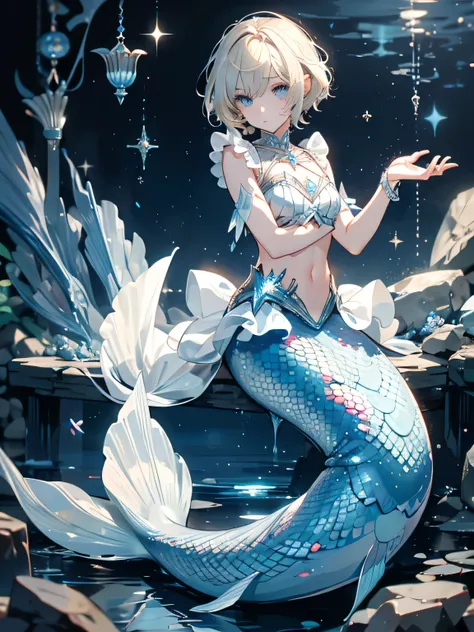 1 boy, short hairstyle, blond, silver eyes, fish scales on hands, mermaid, high quality