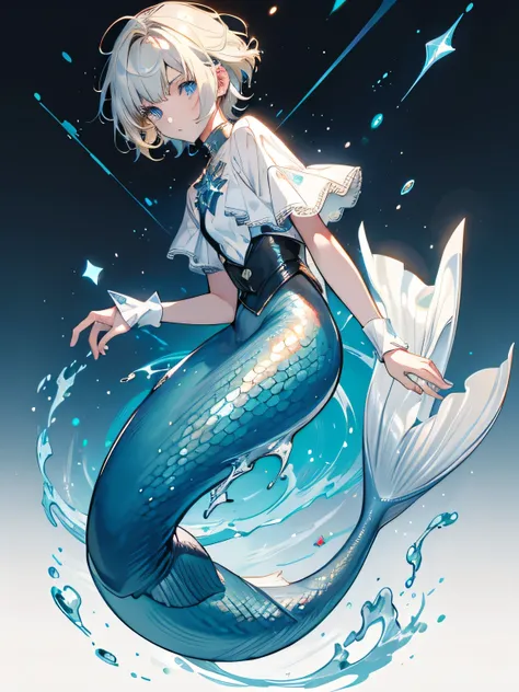 1 boy, short hairstyle, blond, silver eyes, fish scales on hands, mermaid, high quality