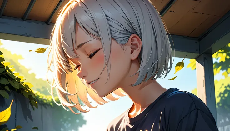 A young boy standing holding onto the railing of a school roof, with a blunt bob cut, straight hair, silver hair, hair blowing in the strong wind, closed eyes, a happy smile, a blush, a black short-sleeved T-shirt fluttering in the wind, upper body, leaves...