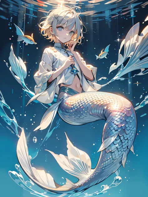 1 boy, short hairstyle, blond, silver eyes, fish scales on hands, mermaid, high quality