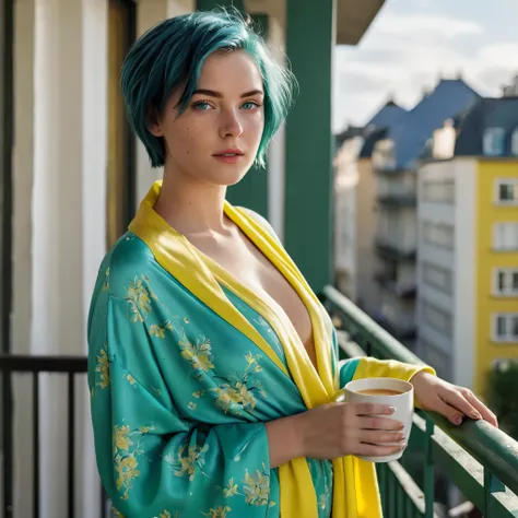 (((Woman, 20 Years Old, Nordic Ethnicity, short blue hair, perfect face, light freckles, Blue-Green Eyes))), ((standing on a balcony, leaning against the railing with one leg bent)), (wearing a silky, (((yellow))) thigh-length robe that slightly opens at t...