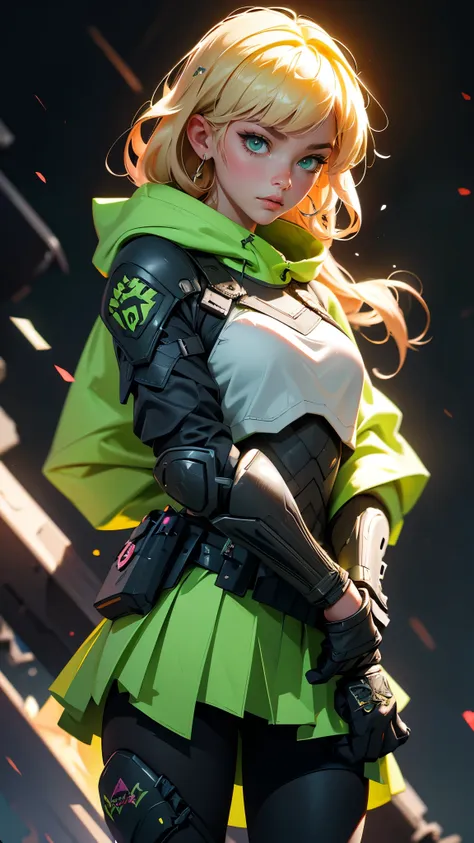 envision a 8k, highres, cinematic, beautiful full body splash art of a woman with warm blonde hair, long bangs, bright green eye...