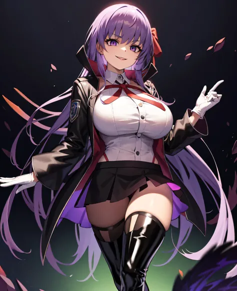  Isoscale, Mid Shot,  night, ,,, Purple Hair, Black jacket, White shirt, Black Skirt, Red ribbon, Big Breasts, Purple eyes, White gloves, Long Hair, Large collar, Wicked Smile,,shiny thigh high boots,(Wicked Smile:1.3),Highly detailed CG Unity 8k wallpaper...