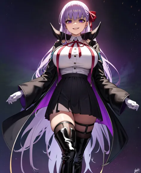  Isoscale, Mid Shot,  night, ,,, Purple Hair, Black jacket, White shirt, Black Skirt, Red ribbon, Big Breasts, Purple eyes, White gloves, Long Hair, Large collar, Wicked Smile,,shiny thigh high boots,(Wicked Smile:1.3),Highly detailed CG Unity 8k wallpaper...