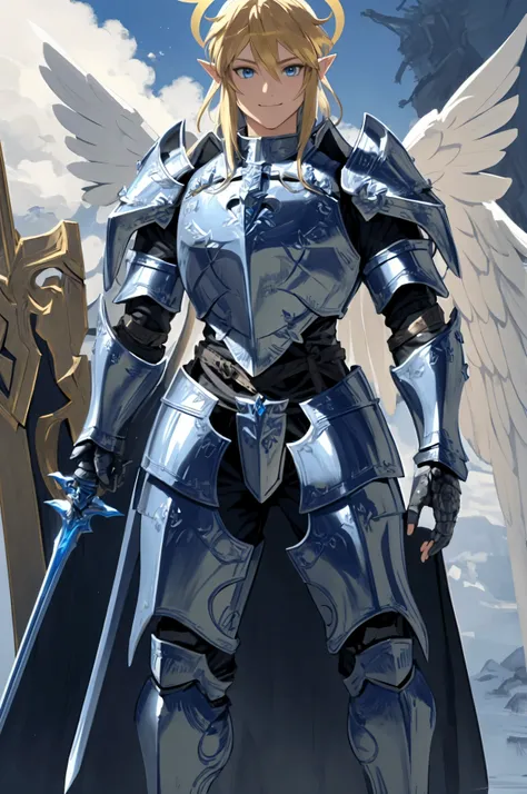 1 man, link, the legend of zelda, smile, angel, blonde hair, blue eyes, full armor, paladin armor, knight, complex, highres, (holy), giant wings, highest detailed, beautiful light detail, (halo:1.2), holding sword, holding sheild, ,Ultra-detailed face, Ult...